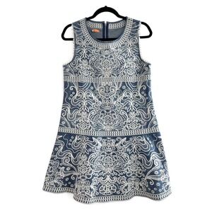 Rockin C Blue Denim White Embroidery Fit & Flare Ruffle‎ Hem Dress Stretch Large